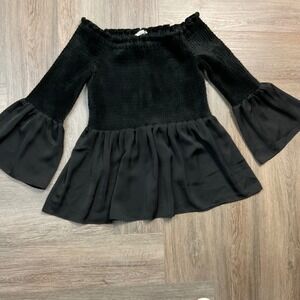 Jane and Delancey Bell Sleeve Smocked Peplum Top Womens Small Black Off Shoulder